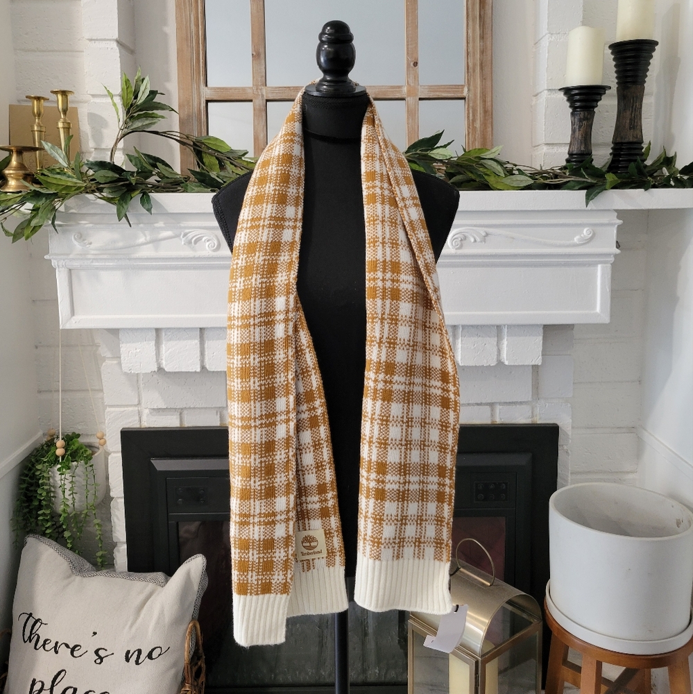Timberland Cozy Preppy Tan And Cream Buffalo Plaid Nwt Scarf